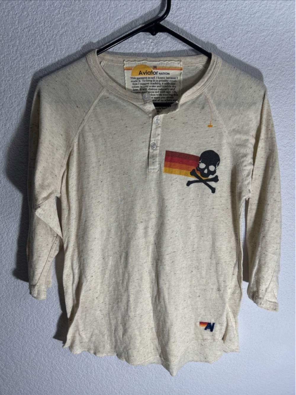 Aviator Nation Skull Pirate Raglan Henley Top Beige Women's Size Medium